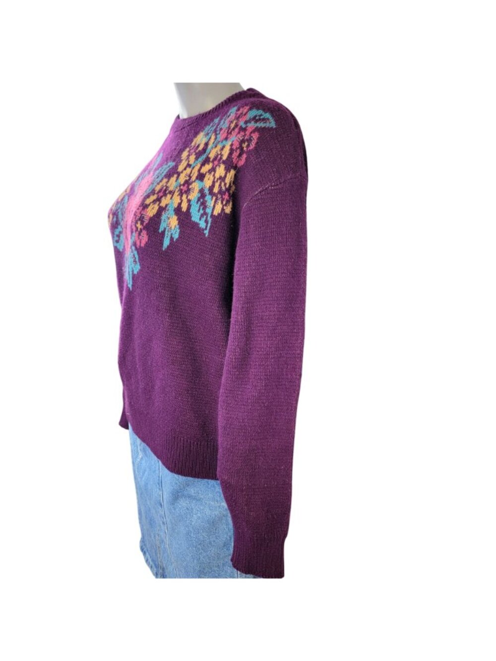 Vintage 80s Floral Sweater Women XL 14 Purple Knit Top Colorful Flower Soft 16 - Picture 4 of 13